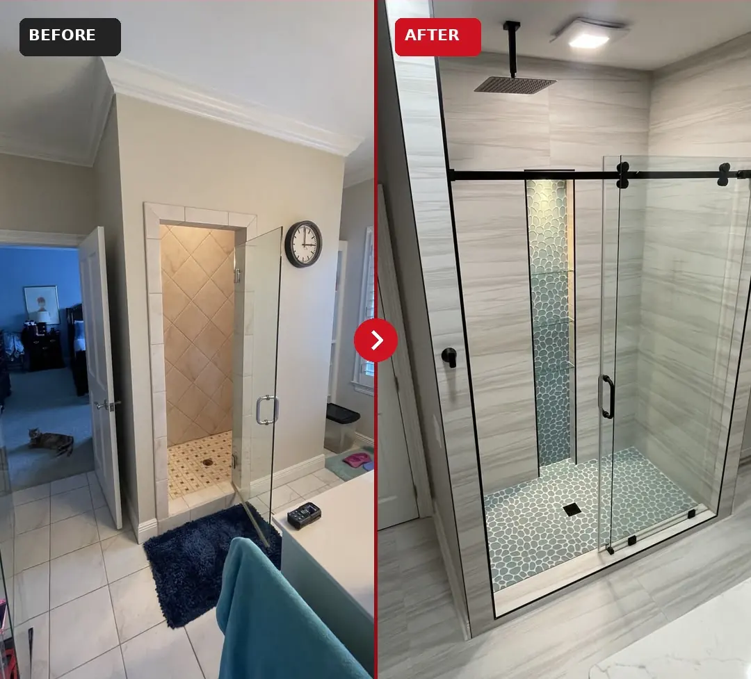 Before and after: a dated tiled shower rebuilt as a walk-in shower with a sliding glass door and pebble-tile niche