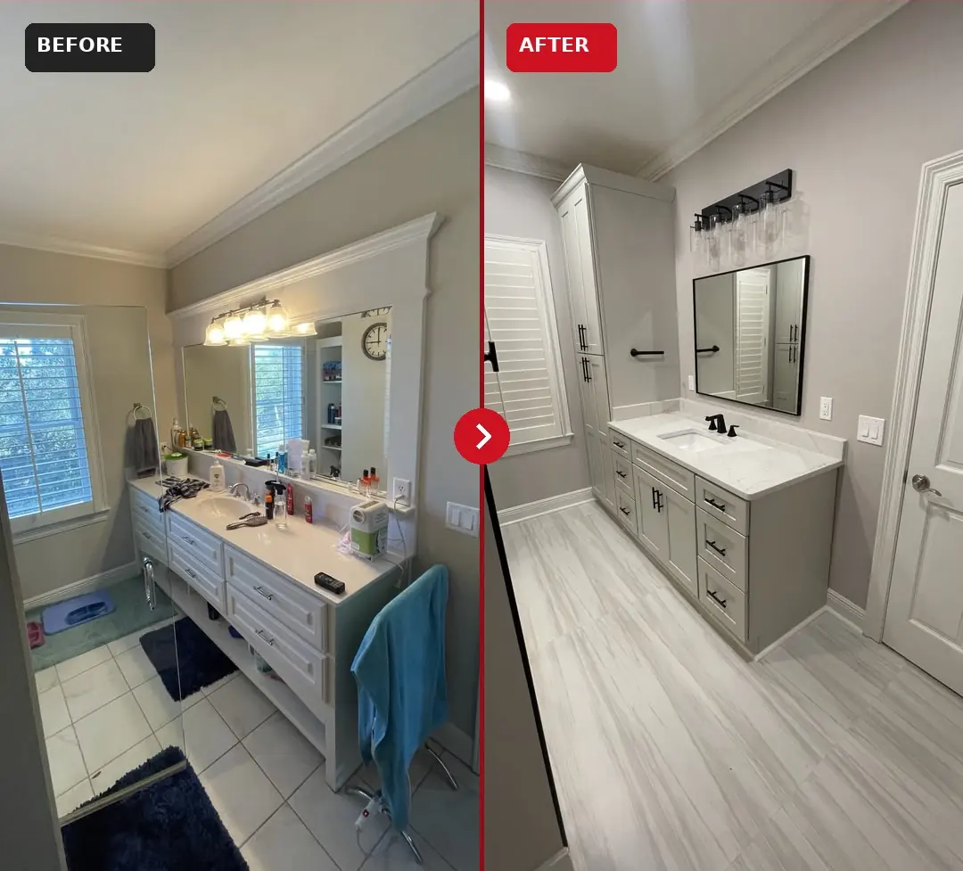 Before and after: an old open-shelf vanity replaced with a new cabinet vanity, storage tower, black fixtures and plank-style flooring